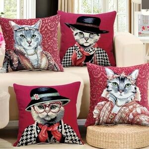 Set Of 4 Adorable Lady Cat Pattern‎ Throw Pillow Covers  17.7/45cm x 17.7/45cm